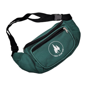 Green fanny pack with black strap and zippers. Two zippered pouches can be seen. The one in front has a white Eagle Island Camp logo with its three pine trees in the center arced inside a white semi-circle with the white lettering EAGLE ISLAND CAMP completely the circle on the bottom.