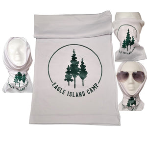 Large in the center is the white gaiter folded down with Eagle Island Camp logo centered in green. Three pine trees are centered within a green arc with the green lettering EAGLE ISLAND CAMP filling in the bottom of the circle. To the left of the folded gaiter is the gaiter being worn on a plain styrofoam head as a hat and neck warmer. To the right on top is the gaiter opened up to cover the face and neck and below that the gaiter on a styrofoam head with sun glasses.