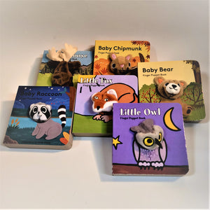 Spread of 6 finger puppet books displayed flat. L-r back Moose, Baby Chipmunk, Baby Bear; front Baby Raccoon, Little Fox, Little Owl.