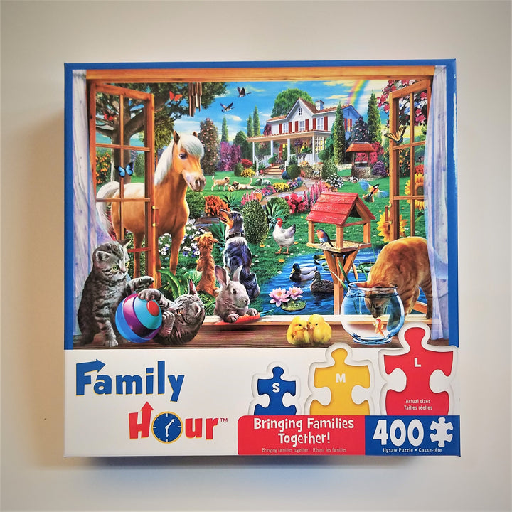 Cover of very colorful Family Hour 400-piece puzzle. 3 different puzzle sizes--Blue S, Yellow M, Red L with puzzle featuring all sorts of animals scene in and through a window with a pond and house and garden backdrop.