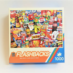 Cover of 1000-piece Flashbacks jigsaw puzzle with images from products of the 60s and 70s colorfully displayed: Tony the Tiger, the Hamburger Helper Hand, old soda bottle logos, Cracker Jacks, SPAM, Velveta and more.