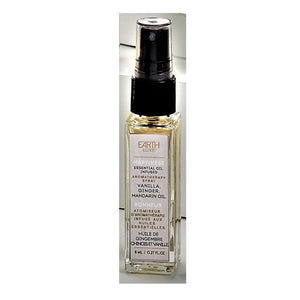 Single glass bottle of Earth Luxe Happiness Aromatherapy spray standing upright. The top has a black spray dispenser seen through its plastic cover. A pale okra-colored vertical product label fills the front side of the bottle.