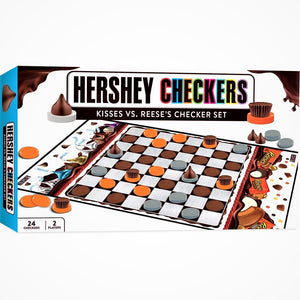 Front of the box of Hershey Checkers showing the brown and white checkered board with its orange, brown and gray circles and Kisses and Reese's Pieces pieces.