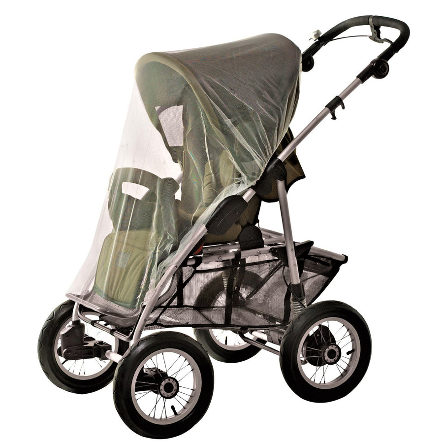 Baby stroller with green mosquito netting over the front.