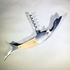 Fish corkscrew with natural body opened up with corkscrew open skyward, fish beak opened and sharp end of tail extended.