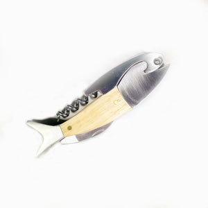 Gray metal fish-shaped corkscrew with a natural wood body leading to the silver tail.