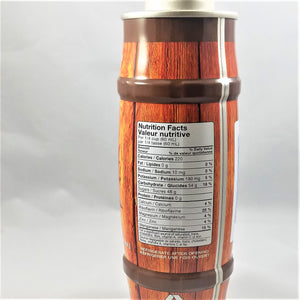 Barrel-shaped and styled design on the back of this Maple Syrup reusable bottle. Nutrition facts displayed within a white label. 