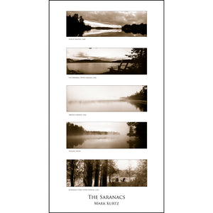 Vertically oriented photo poster featuring five horizontally oriented photos in sepia tones  depicting 5 images of The Saranacs 