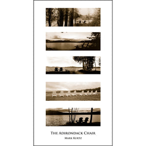 Vertically oriented photo poster featuring five horizontally oriented photos in sepia tones depicting 5 images of Adirondack chairs facing water.