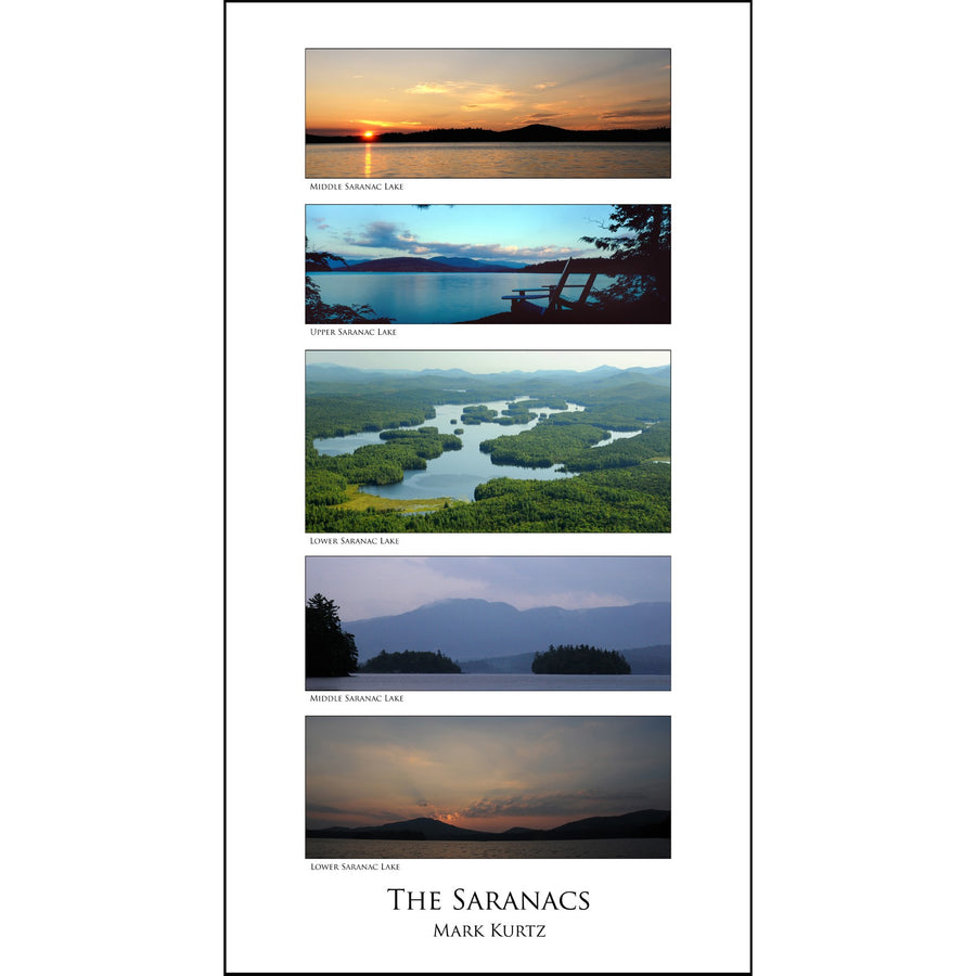 Vertically oriented photo poster featuring five horizontally oriented photos in full-color depicting 5 images of The Saranacs