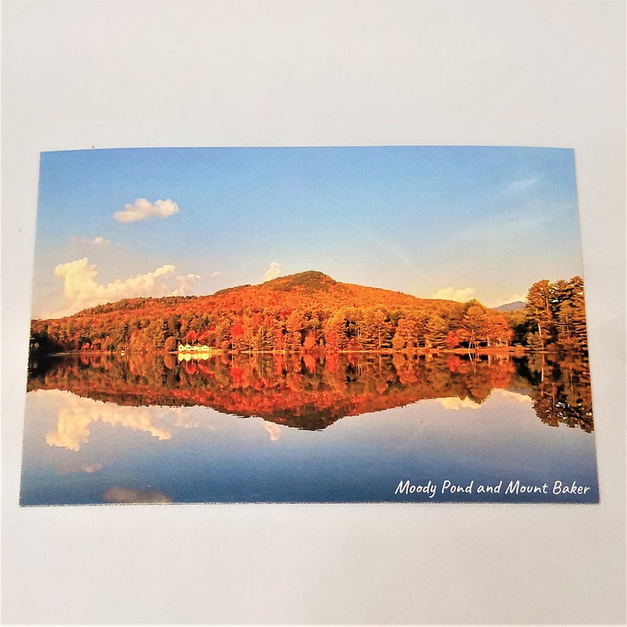Side one of Moody Pond & Mount Baker photo postcard