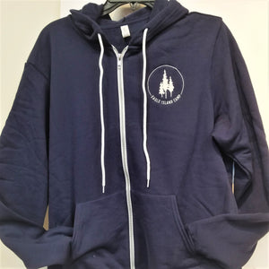Blue hoodie on a hanger. White Eagle Island logo seen on right side with white hood ties hanging beside the white zipper trim. End of long sleeve folded into center pouch pocket.