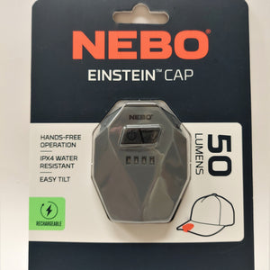 Nebo Einstein Cap light seen through clear plastic packaging. Orange type above the light which looks gray sitting on a white background.