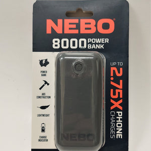 Nebo power bank seen through plastic packaging. Orange and white text on black above and to the right of the product. To the left of the product are black graphics on a white background.