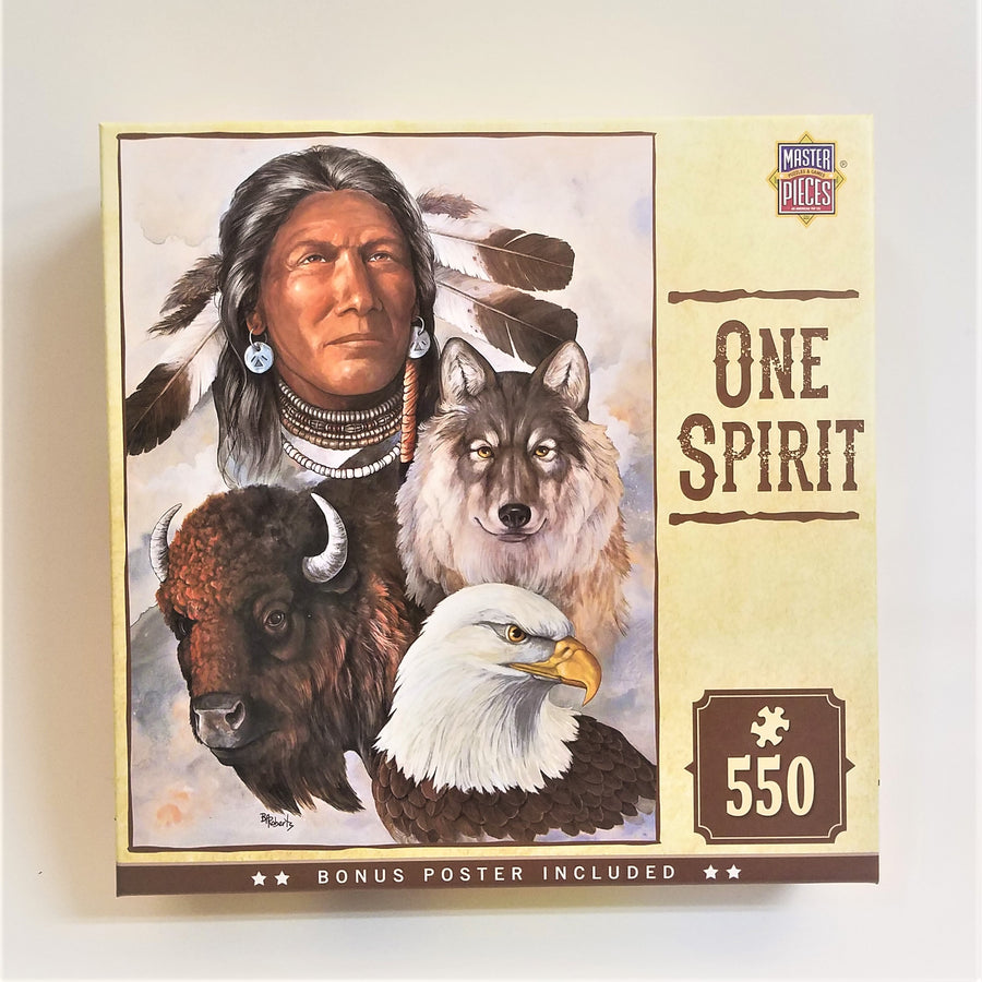 Box cover of 550 piece jigsaw puzzle title One Spirit. The left side of the box features a rectangular depiction of a Native American with a wolf head, a buffalo head and a eagle in the foreground.