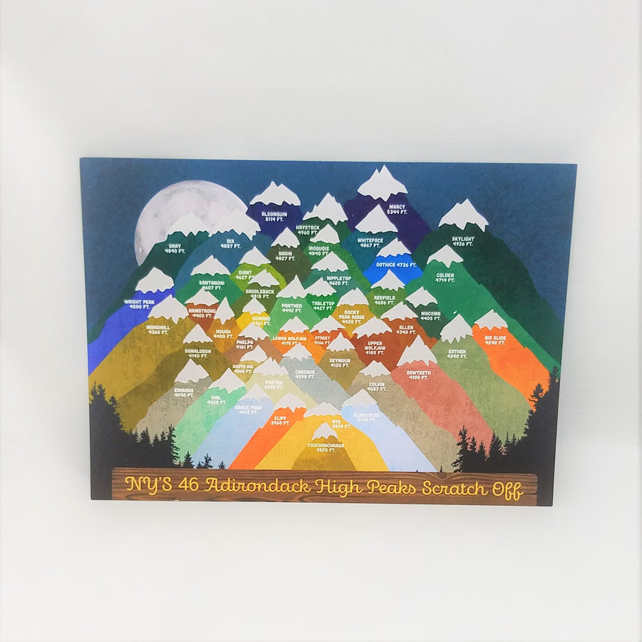 46 High Peaks of the Adirondacks depicted in gold tones with the moon shining