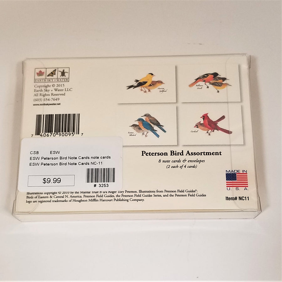 Back packaging of the Peterson Bird Assortment, 4 small depictions of  two gold finch, 3 eastern orioles, 2 cardinals, and 3 eastern bluebirds
