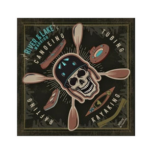 Square image of River & Lake Warrior bandana with skull and crossed paddles in center with brown images of canoe, boat, kayak and raft surrounding the center image. Browns and blues on a dark green background.