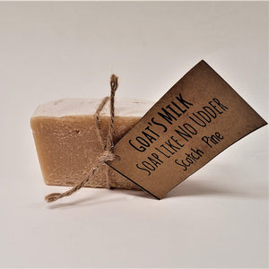 Single bar of Goat's Milk Scotch Pine soap standing upright with beige twine circling the center holding the beige label.