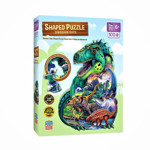 Cover of 100 piece Dinosaur-Shaped Puzzle with puzzle picture of multiple dinosaurs in blues, greens, reds and browns.