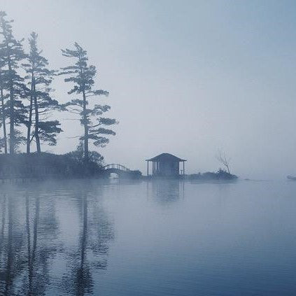 Image from Barry Lobdell photo card of the Teahouse at White Pine, gray, misty and ethereal with water in the foreground, tree and teahouse in background with trees reflected in the hazy water