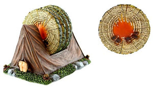Side view of tent with feet sticking out coaster holder with faux bark coasters nestled inside. On the right just the faux-bark coaster with the campfire center in full view.
