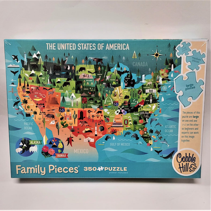 Box cover of the 350 piece jigsaw puzzle featuring a map of the United States with colorful icons of graphic images representing each state.