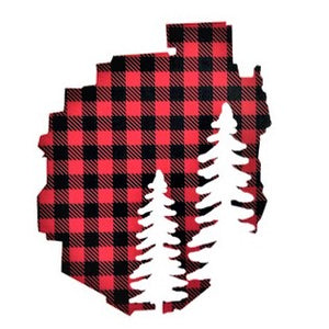 Decal of the Adirondack Park boundaries in buffalo plaid with two pine trees in white on the bottom right 