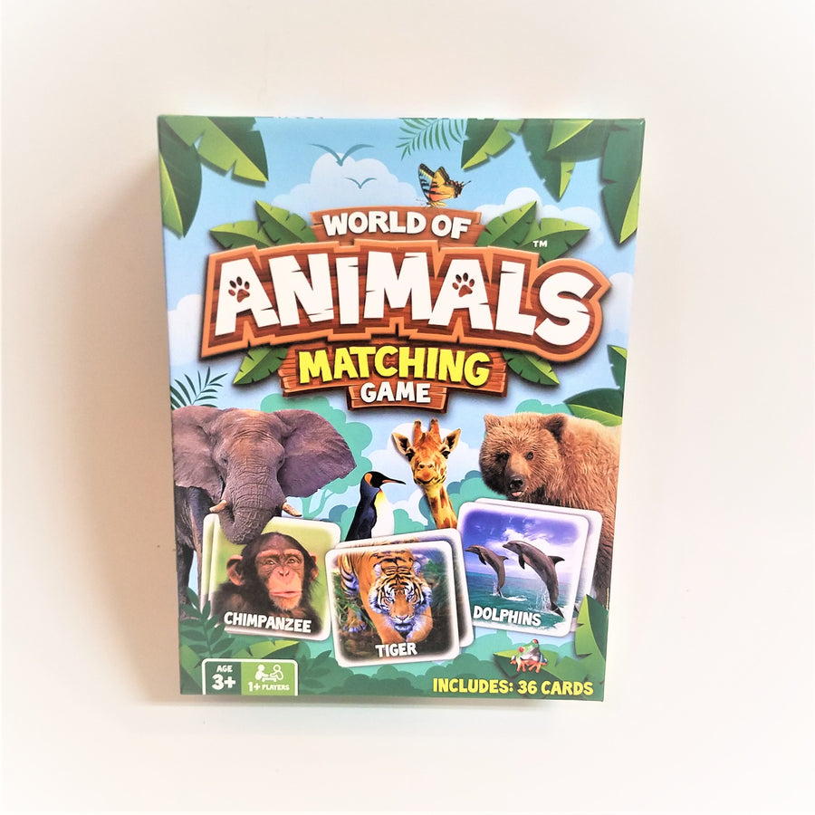 Cover of the World of Animals Matching Game box. 3 sample animal cards depicted along with an elephant, penguin, giraffe and bear.