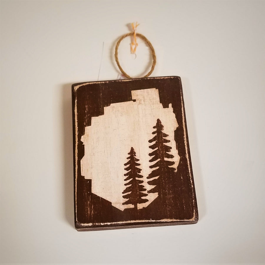 Flat view of wooden sign painted white in the center in the shape of the Adirondack Park with two brown pine trees inside the white and a brown border surrounding the white Park outline