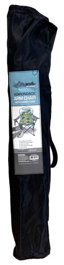 Folding chair in its black carry case with manufacturer's label displayed on the front -- all on a white background.