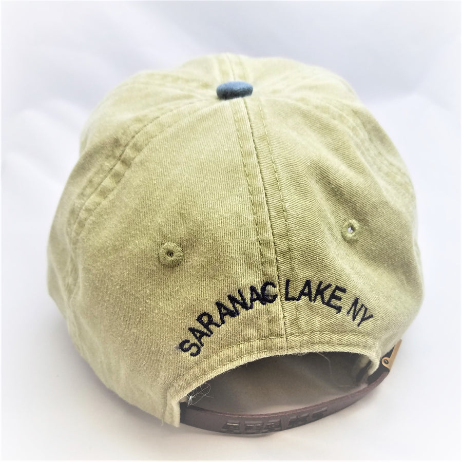Back of cap with embroidered Saranac Lake, NY