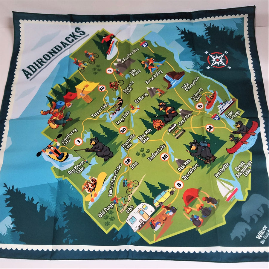 Adirondack bandana stretched out flat to display the whole Adirondack Park using fun and colorful icons illustrating recreational activities.