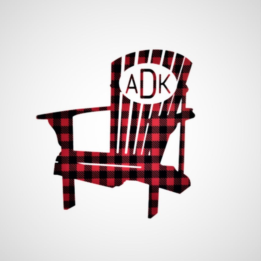 Decal of Adirondack chair in buffalo plaid with white oval and matching plaid lettering ADK on chair back.