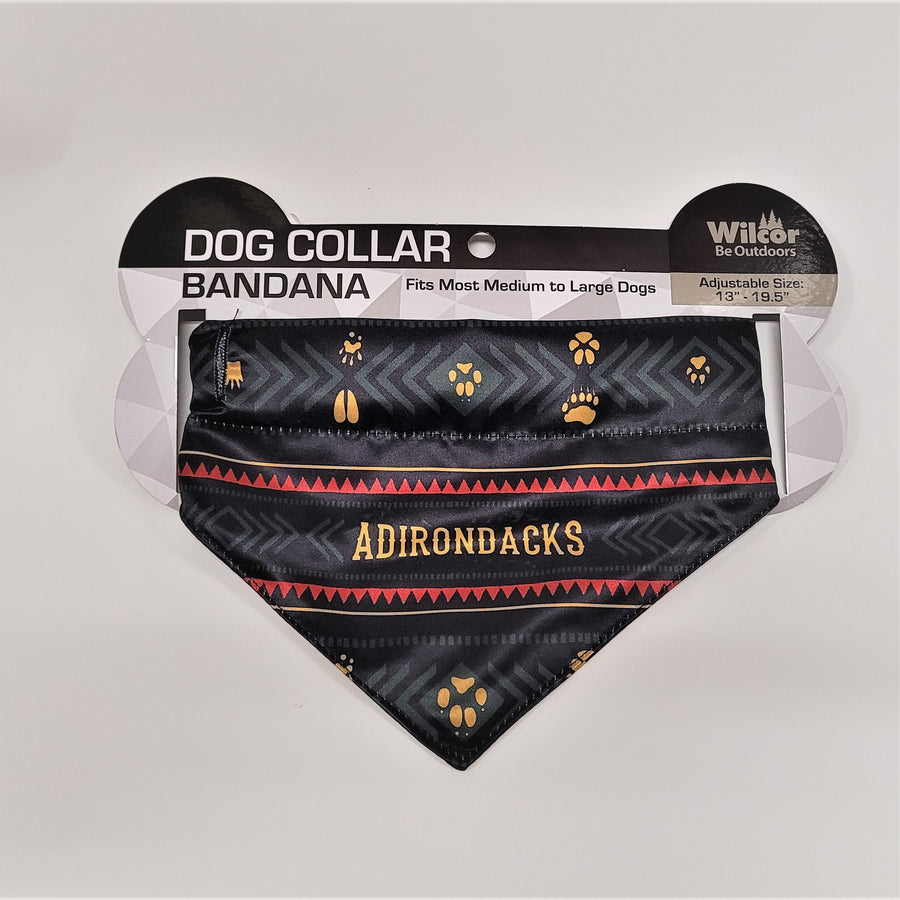 Dog collar bandana lying flat on its black and white packaging.  An Aztec-like design with red triangles borders the yellow lettering ADIRONDACKS. The bottom triangle has a gold paw print centered on the black/gray design. The top rectangle has gold paw prints of various animals scattered through the black/gray design.