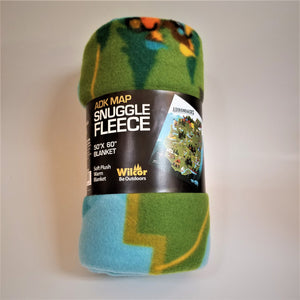 Fleece throw rolled up with label around it saying ADK MAP SNUGGLE FLEECE. Iconic Adirondack map featured on label. 