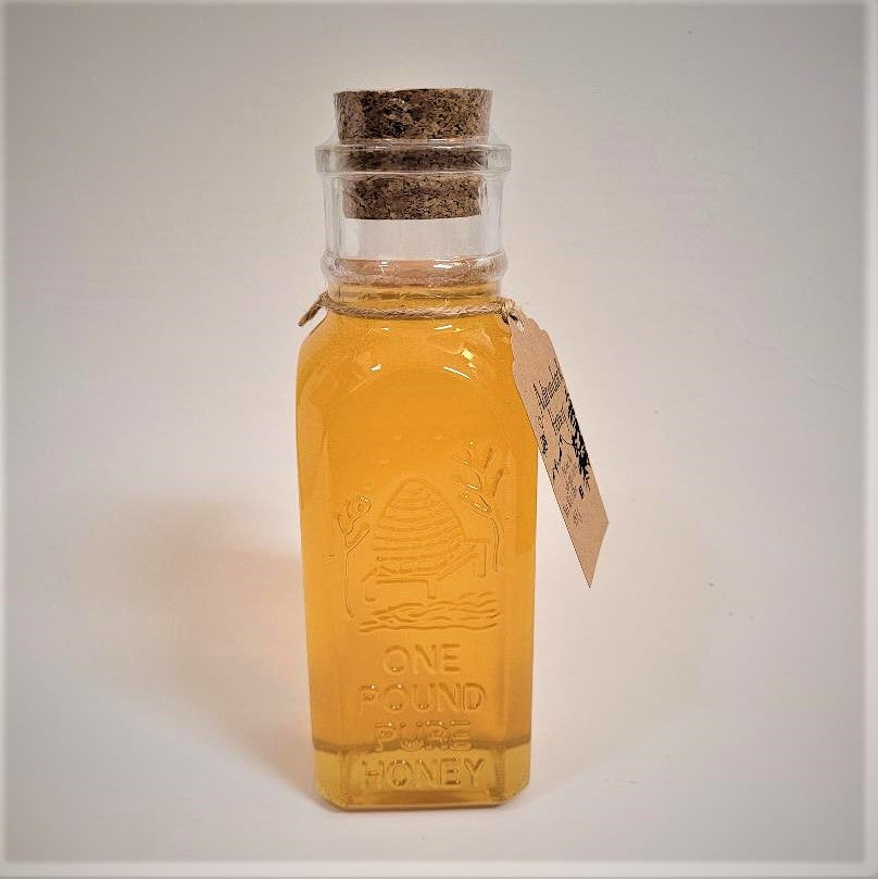 Single glass bottle of one pound size Adirondack Honey. Cork stopper top. Cord around the neck with the Adirondack Honey label hanging on the right.