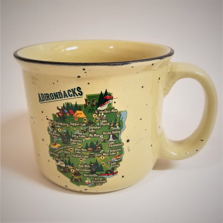 Cream-colored speckeld mug facing with handle on right side and colorful Adirondack Park map in center of mug.