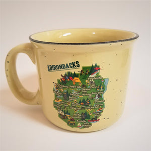 Cream-colored speckeld mug facing with handle on left side and colorful Adirondack Park map in center of mug.