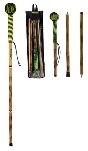 View of walking stick assembled, in 3 pieces in black plastic carry pack, in 3 pieces top, bottom, middle to illustrate how to assemble