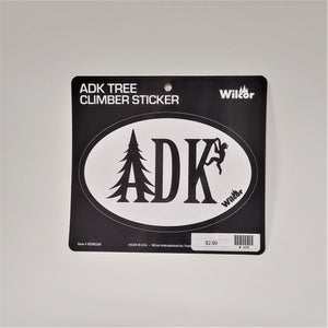 Black and white oval sticker on its card packaing. White oval with black type: ADK with the A shaped like an evergreen and a climber hanging from the K.