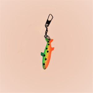 Fish lure zipper pull by itself. Green, and orange with black dots.