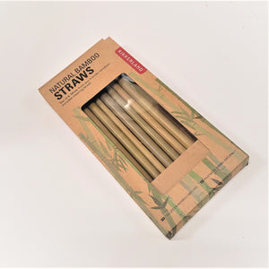 Bamboo straws in their boxed packaging. Can see almost all 8 straws peaking through the box window.