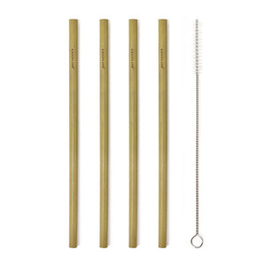 Four bamboo straws shown vertically next to a silver straw cleaner of the same length with a brush at one end.