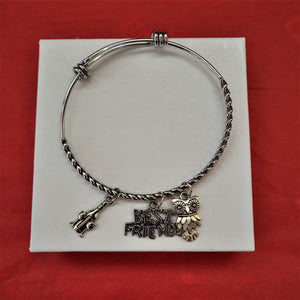 Single bangle bracelet: silver ring with three charms hanging below: wine bottle with two glasses, BEST FRIENDS and an owl. All set n a white box lid on a red background.