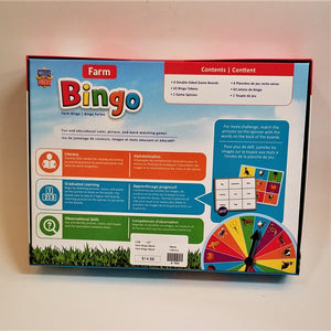 Back of Farm Bingo box with contents listed along with a small sample card on the right, front and back and a spinner with animals and produce pictured.
