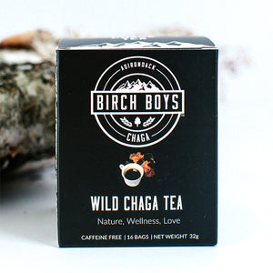 Black box of Birch Boys Wild Chaga Tea, text and logo in white 