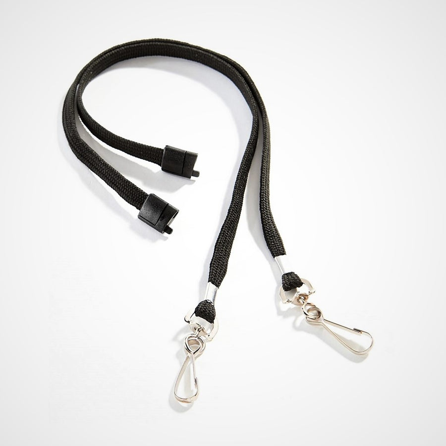 Black cord with plastic ends extends to two metal hook clasps on each side.
