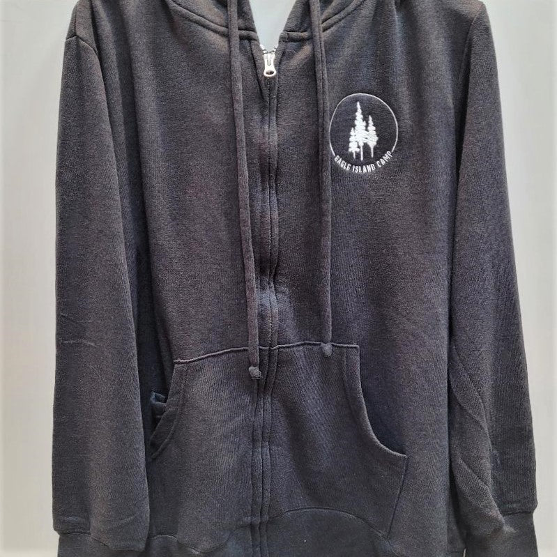 Gray hoodie on a hanger. White Eagle Island logo seen on right side with gray hood ties hanging beside the center zipper.