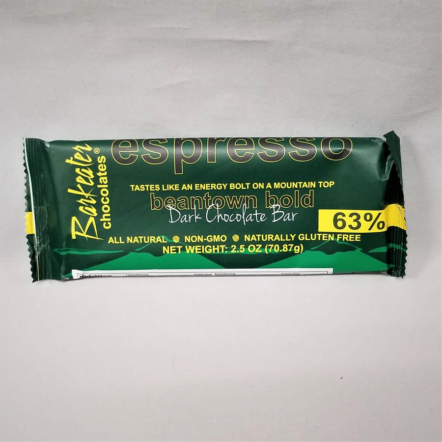 One bar of Dark Chocolate in green packaging: espresso tastes like an energy bolt on a mountaintop, beantown bold 63% Dark Chocolate; All Natural, Net weight 2.5 oz.